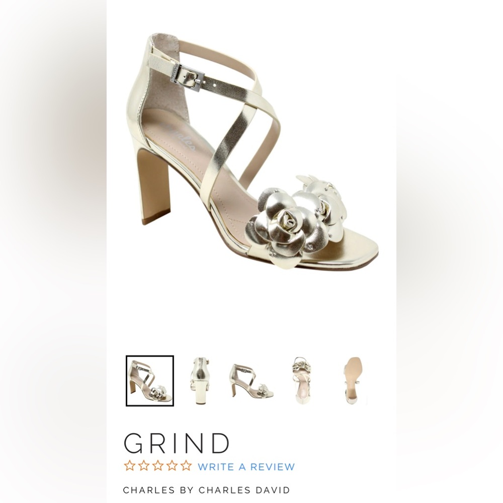 CHARLES by Charles David (GRIND) gold flower 🌸 metallic ankle strap heels